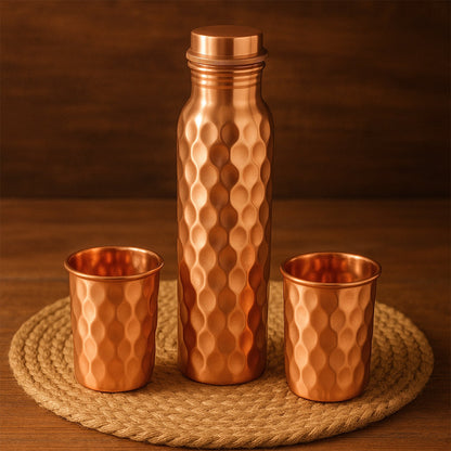 Copper Water Bottle 2 Glasses with Gift Box (3 Pcs Set)