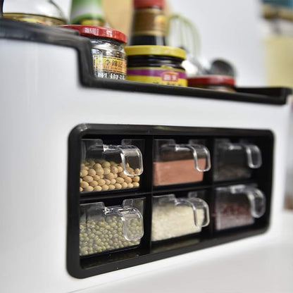 Multifunctional Kitchen Storage Organizer Rack with 6 Spice Containers, Knife & Spoon Holder, and Top Shelf