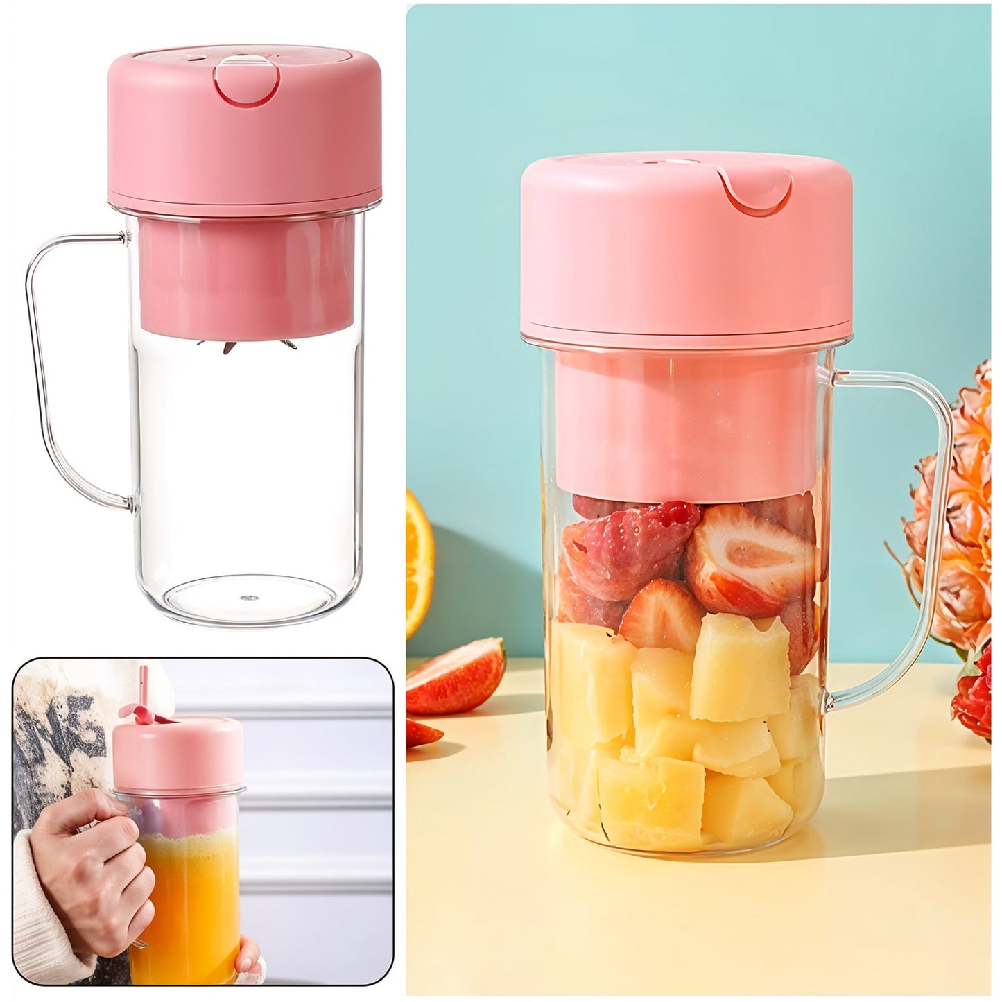 Portable Crusher Juicer With Handle & Straw, USB Rechargeable Multi Blades (420 ML)