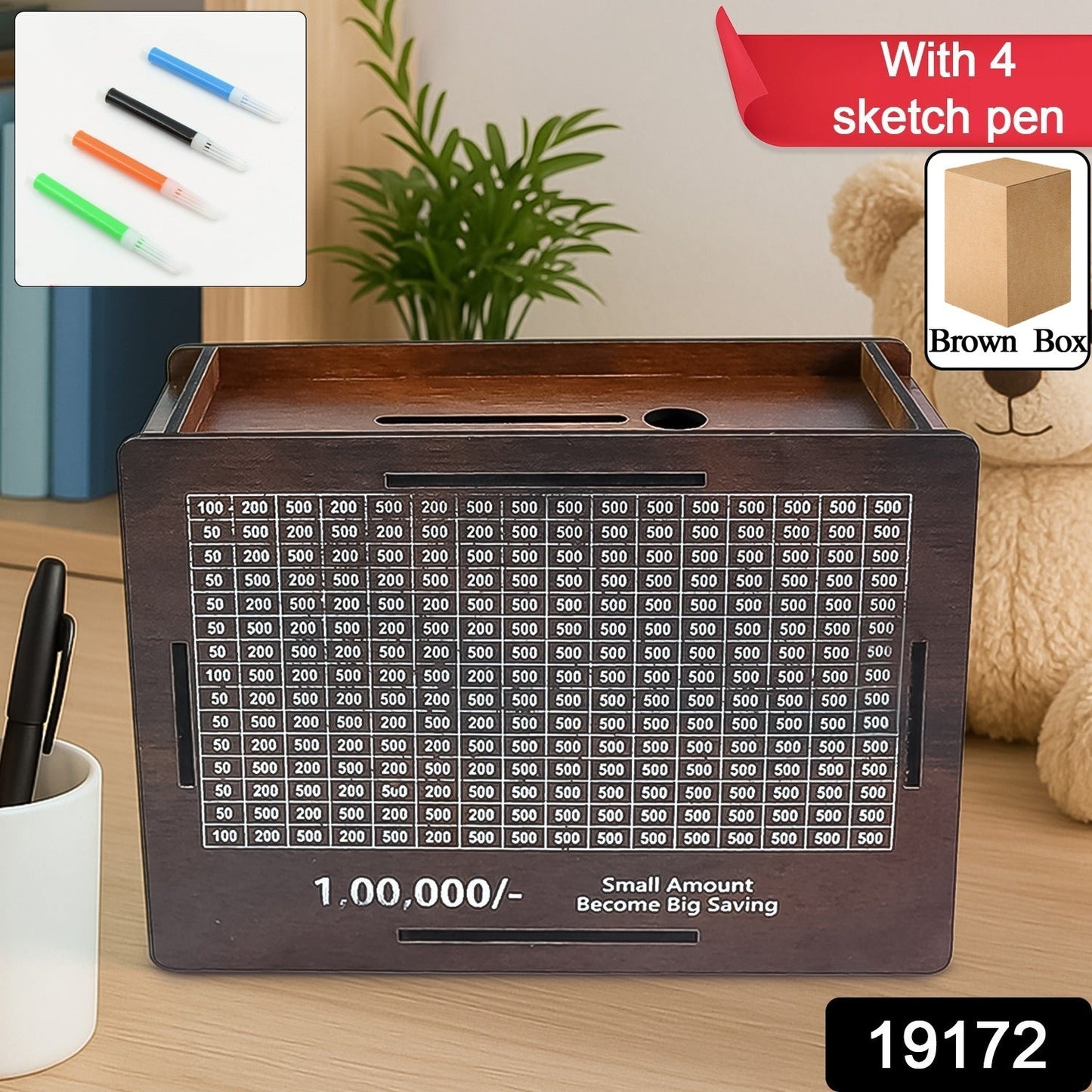 Wooden Money / Piggy Bank, Money Box (1 Pc / 4 sketch Pen)